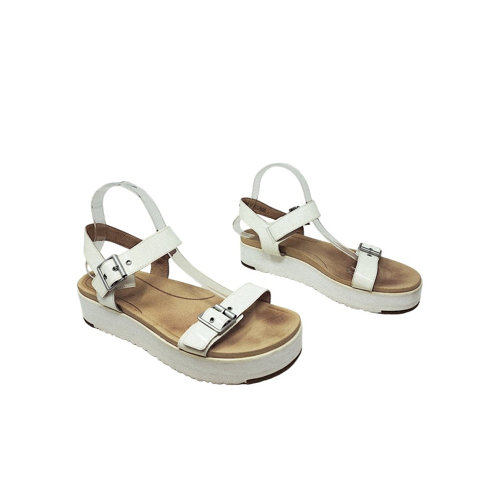 UGG Sandals 11 Wom Angie White Patent Leather Platform Buckle Chunky Y2K Boho